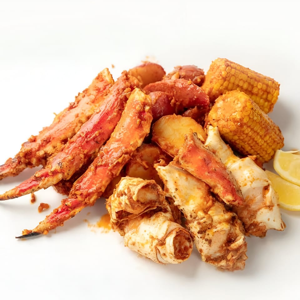 Boil Daddy's seafood boil with crab legs, corn on the cob, potatoes, and lemon wedges.