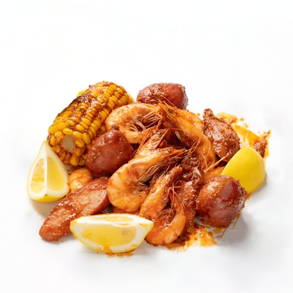 Boil Daddy's shrimp boil with corn, potatoes, and lemon wedges on a white background.