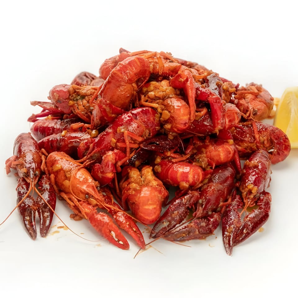 A large pile of red, seasoned crawfish with a lemon wedge on a white background.