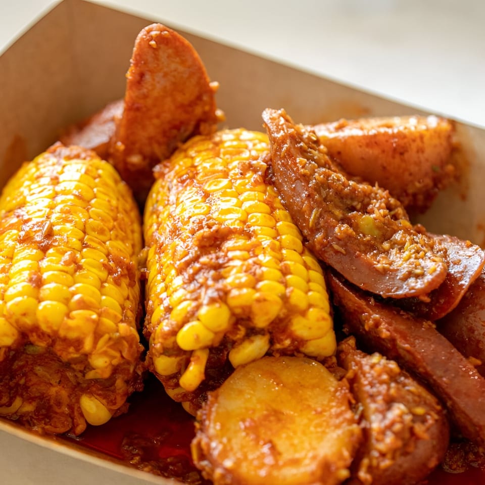 Boil Daddy's seafood boil with corn on the cob, potatoes, and sausage in a cardboard container.