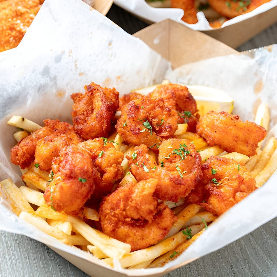 Boil Daddy's crispy fried shrimp and french fries, garnished with parsley and a lemon wedge.