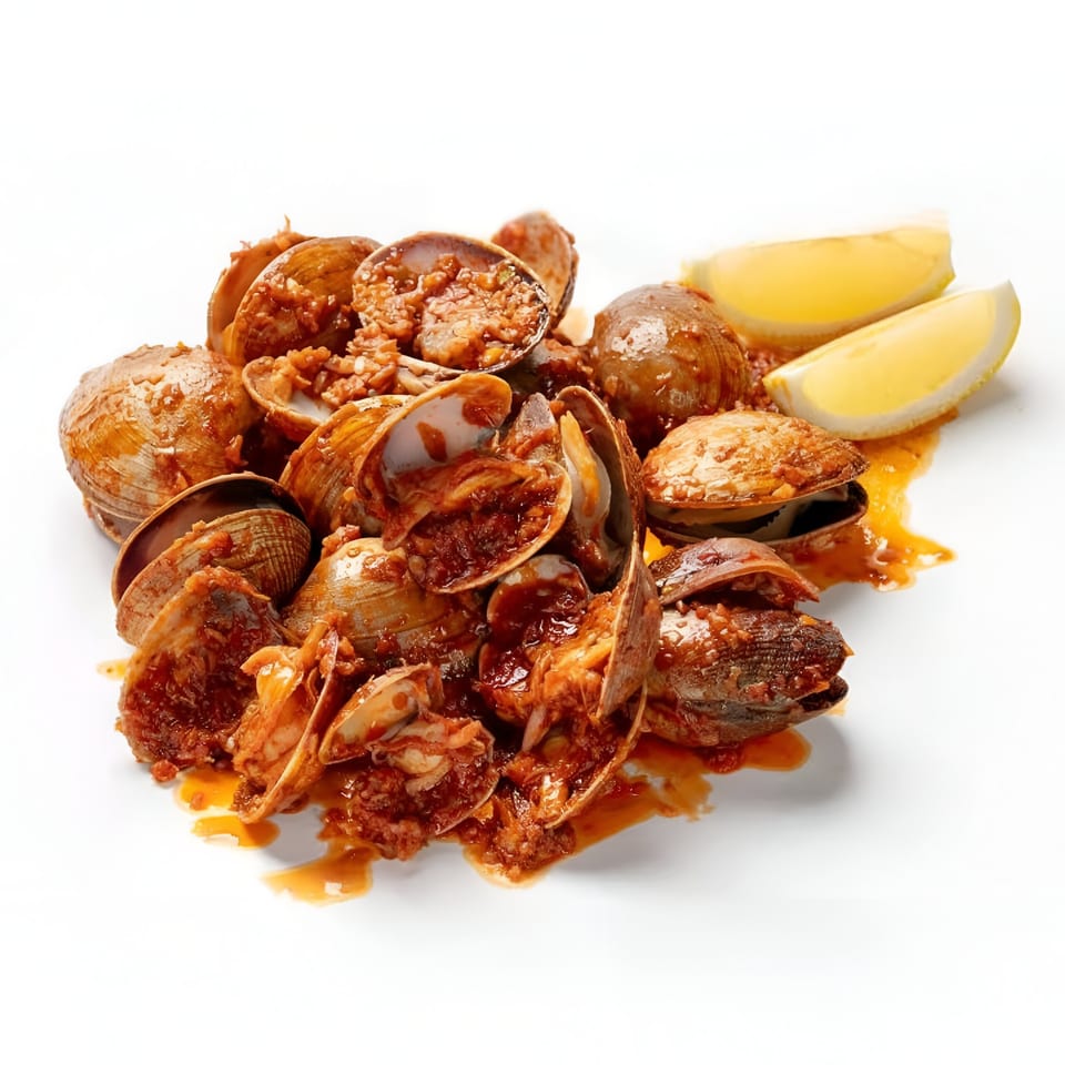 Boil Daddy's spicy clams with lemon wedges, showcasing the rich sauce and open shells.