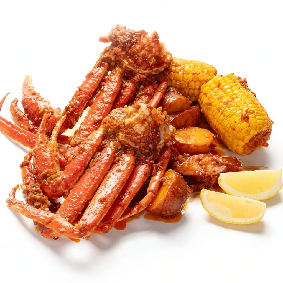 Boil Daddy's snow crab legs, corn on the cob, and potatoes, seasoned with spices and served with lemon wedges.