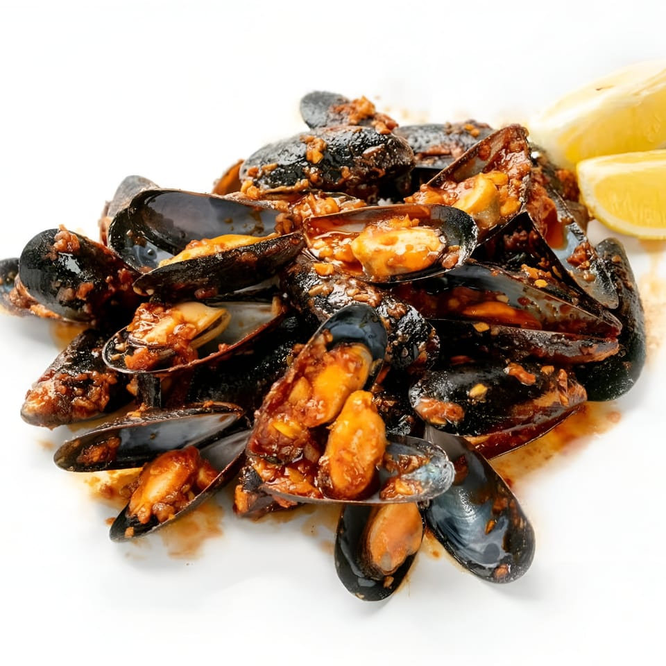 Boil Daddy's mussels in a rich sauce with lemon wedges on a white background.