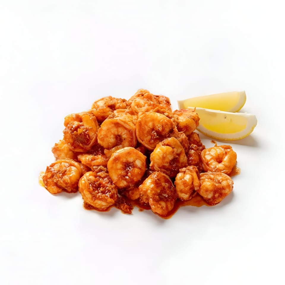 A pile of saucy, seasoned shrimp with two lemon wedges on a white background.